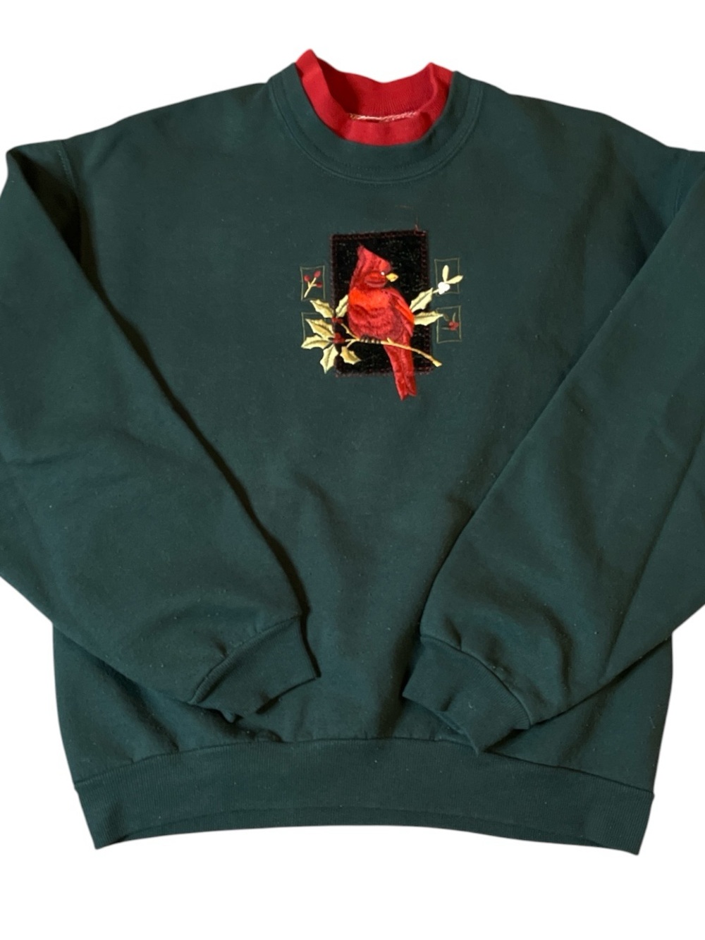 Vintage embroidered 90s Men's Dark Green Sweatshirt with Red Cardinal Embroidery